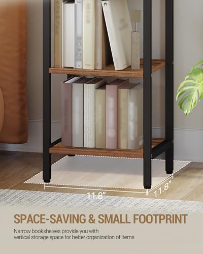 Hzuaneri Bookshelf Narrow Bookcase, Tall Storage Rack with Steel Frame - color: Rustic Brown, size: 11.8 × 11.8 × 82 inch