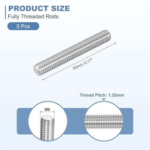 uxcell 5Pcs M8-1.25x55mm Fully Threaded Rods, Threaded Rods Bar Studs, 304 Stainless Steel Long Thread Screws Hardware for U-Bolts, Anchors, Clamps, Hangers, Silver - size: M8-1.25x55