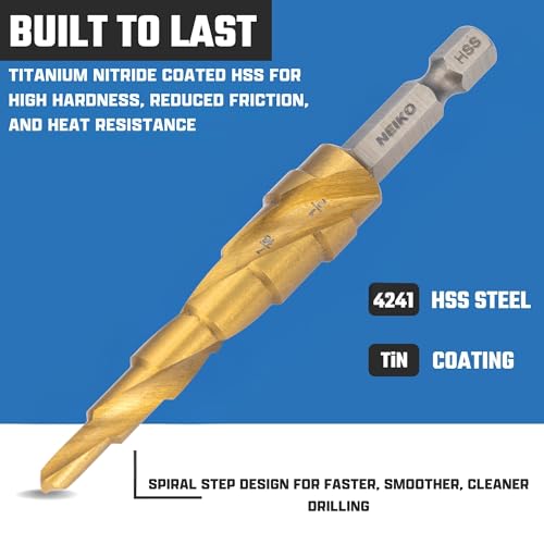 NEIKO 10605A Step Drill Bit, 6 Steps 3/16" to 1/2" Spiral High Speed Steel, Titanium Nitride Coated, 1/4" Quick Change Step Bits for Steel, Metal, Wood, Plastic, Unibit Cone Drill Bits, Two Flute - size: #2 (3/16 - 1/2", 6S), style: Spiral