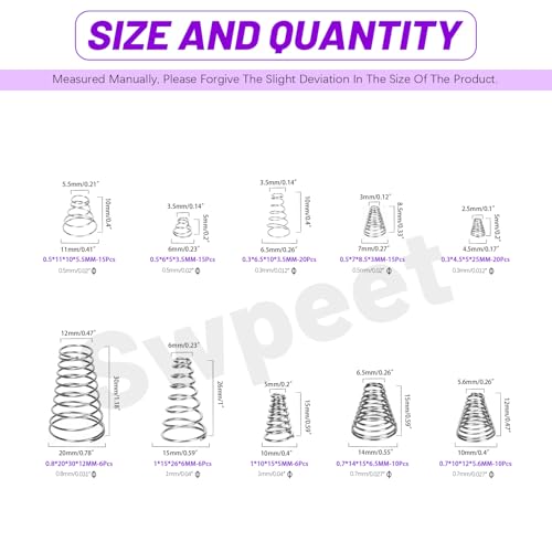 Swpeet 123Pcs 10 Sizes 0.3/0.5/0.7/0.8/1 Stainless Steel Conical Spring Taper Spring Assortment Kit, Metal Tower Springs Conical Springs, Small Compression Springs for Repair - size: N2