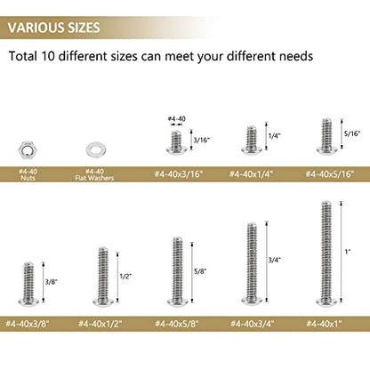 252 Pieces #4-40 x 3/16", 1/4", 5/16", 3/8", 1/2", 5/8", 3/4", 1", Button Head Socket Cap Screws Nuts Washers Assortment Kit, 304 Stainless Steel, Fully Machine Thread - size: #4-40, style: Button Head
