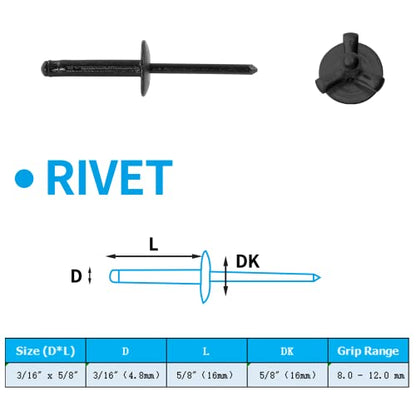 Jiozermi Aluminum Tri-Fold Rivets, 60 Pcs, 3/16" x 5/8", Black