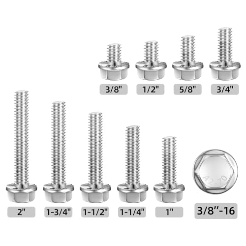 3/8-16 x 1-1/4" (10 PCS) Flanged Hex Head Bolts, Flange Washer Head Hex Screws Bolts, 18-8 Stainless Steel (304), Plain Finish, Full Thread - size: 3/8-16 x 1-1/4"