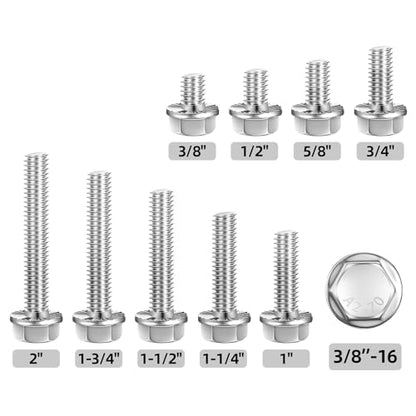 3/8-16 x 1-1/4" (10 PCS) Flanged Hex Head Bolts, Flange Washer Head Hex Screws Bolts, 18-8 Stainless Steel (304), Plain Finish, Full Thread - size: 3/8-16 x 1-1/4"