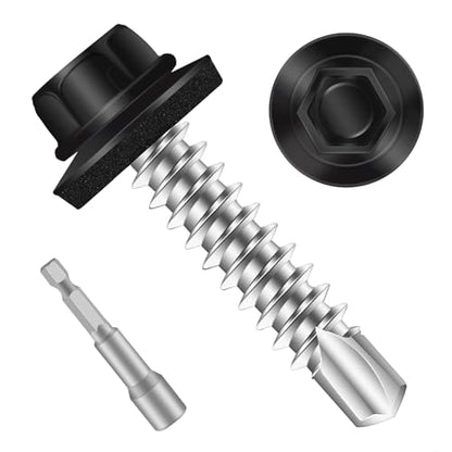 Mellewell #10 x 2 Self Drilling Metal Roofing Screws, Black Hex Head Sheet Metal Roof Screws with EPDM Washer, Hex Socket Included, 100 PCS - color: Black, size: #10 x 2"