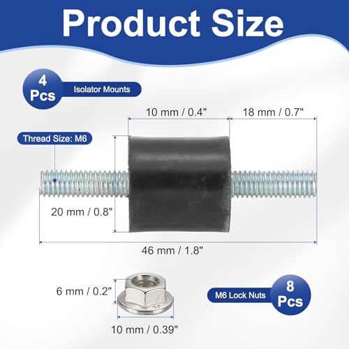 PATIKIL M6 20x10mm Rubber Isolator Mounts, 4 Pcs Rubber Studs Shock Absorber Anti-Vibration Isolation Damping Mounts with Lock Nuts for Motor, Air Compressor, Engines (46mm Height) - size: M6-20x10x46mm