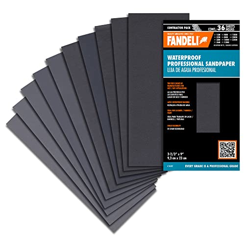Fandeli | Waterproof Sandpaper | Assortment of Grits from 120 to 2500 | 36 Sheets 23 x 9,3 cm | for Car Polishing, Wood Furniture Sanding and Metal Sanding | Water Resistant - style: Assortment of Grits from 120 to 2500 | 36 Sheets