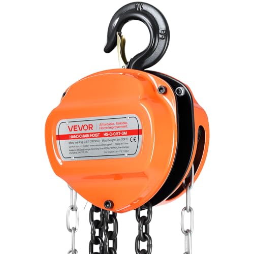 VEVOR Hand Chain Hoist, 1/2 Ton 1100 lbs Capacity, Manual Chain Block with Upgrade G80 Galvanized Chain, 10 ft Lifting Height, Heavy Duty Pulley Hoist for Garage Warehouse Automotive Machinery, Orange - size: 1/2T 10FT