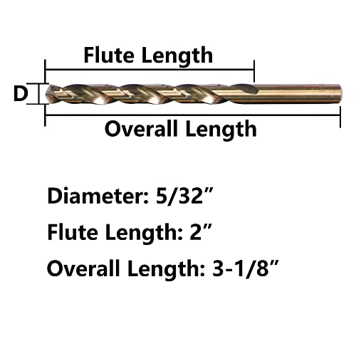 5/32" Cobalt Drill Bits(20PCS), M35 HSSCO High Speed Steel Jobber Length Twist Drill Bit Set for Hardened Metal, Stainless Steel, Cast Iron, Plastic and Wood - size: 5/32"(20PCS)