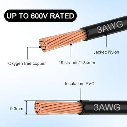 THHN Wire 3 Gauge 25 FT, 3 AWG Stranded OFC Copper Electrical Building Wire with Nylon Jacket PVC Insulation, Rated 600V for Residential, Industrial, CNC, Ground (3 Gauge, Black) - color: Black, size: 3 AWG 25FT