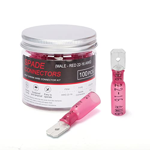 HKS 100PCS Male Spade Connector Red 22-16 AWG - Heat Shrink Electrical Quick Disconnect Wire Connectors Kit - Tinned Red Copper - Automotive Marine Crimp Connectors - Waterproof and Insulated - color: Red 22-16AWG, size: Male