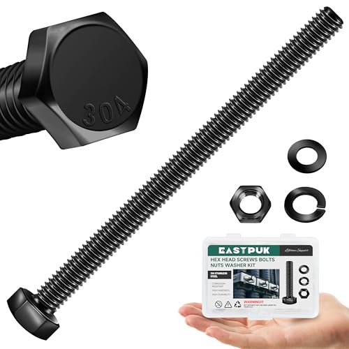 1/4-20 x 4 Hex Head Bolts Screws with Nuts, Flat & Lock Washers, 304 Stainless Steel Bolts and Nuts External Hex Drive Black Oxided 1/4 Bolt (10Sets) - color: Black, size: 1/4 x 4"
