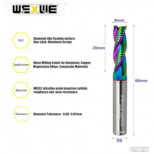 Tools DLC Carbide Milling Cutter,Roughing End Mill, Diamond-Like Coating, Cutting Tools for Aluminum, Copper, Composite Materials, 3 Flute, Flat Machining Set 8mm Shank（D8-60L, 2pcs） - size: 3 Flute D8-60L 2PC