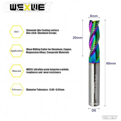 Tools DLC Carbide Milling Cutter,Roughing End Mill, Diamond-Like Coating, Cutting Tools for Aluminum, Copper, Composite Materials, 3 Flute, Flat Machining Set 8mm Shank（D8-60L, 2pcs） - size: 3 Flute D8-60L 2PC