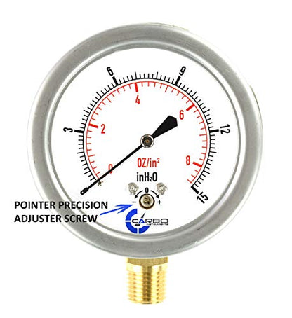 Diaphragm Low Pressure Capsule Gauge, 2-1/2" Dial, 0-8 oz/0-15in H2O Range, 1/4" NPT Lower Mount, Stainless Steel Case, Brass Internals, Adjustable, Dual Scale 8 oz/15 inH2O (IWC) - size: 0-8 oz/0-15in H2O