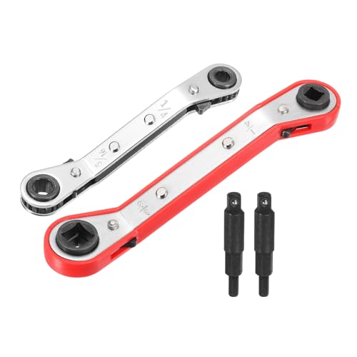 HARFINGTON 4pcs HVAC Service Wrench Set 1/4" 5/16" 3/16" 3/8" 25° 16-Teeth Air Conditioner Valve Reversible Ratchet Wrench with Hexagon Bit Adapter for Refrigeration Equipment Repair, 2 Color - color: Silver Red