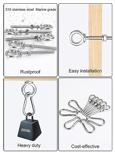 5 Pack M6 Eye Bolt, Eye Bolts with Nuts & Washers & Carabiners, 316 Stainless Steel Eye Bolt Heavy Duty, Marine Grade Threaded Eyebolts.