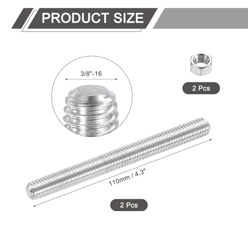 uxcell 3/8"-16 Fully All Threaded Rod, 2 Pcs 304 Stainless Steel Long Threaded Screw 4.3" Length Right Hand Threads for Furniture Mounting Assembly Fastening - size: 4.3"