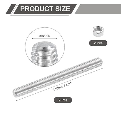 uxcell 3/8"-16 Fully All Threaded Rod, 2 Pcs 304 Stainless Steel Long Threaded Screw 4.3" Length Right Hand Threads for Furniture Mounting Assembly Fastening - size: 4.3"