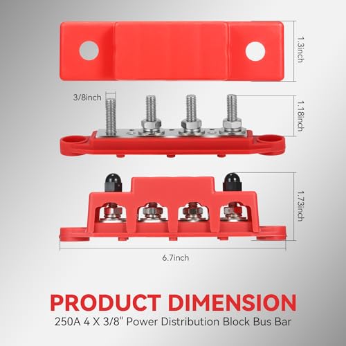 Heart Horse Bus Bar 12V-48V 250A Power Distribution Block 4 x 3/8"(M10) Heavy Duty Studs Terminal Marine 12V Battery Bus Bar Junction Block for Automotive,Car,RV,Boat,Solar Wiring (Red+Black) - size: 3/8''