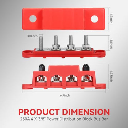 Heart Horse Bus Bar 12V-48V 250A Power Distribution Block 4 x 3/8"(M10) Heavy Duty Studs Terminal Marine 12V Battery Bus Bar Junction Block for Automotive,Car,RV,Boat,Solar Wiring (Red+Black) - size: 3/8''
