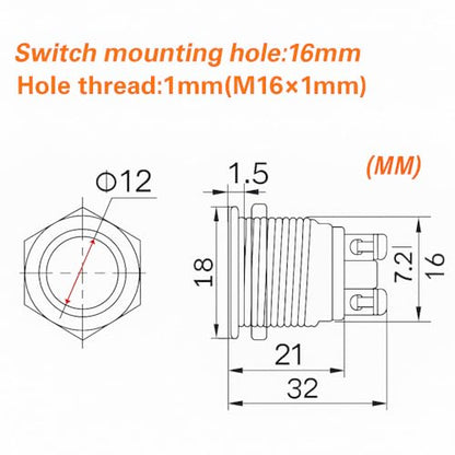 Gebildet 2pcs 16mm Latching Push Button Switch,12V/24V/125V/250V/5A Self-lock Button Switch with 2 Screw Terminals Stainless Steel Metal Waterproof Self-lock Button(Flat Head) - size: 16mm-Stainless Steel
