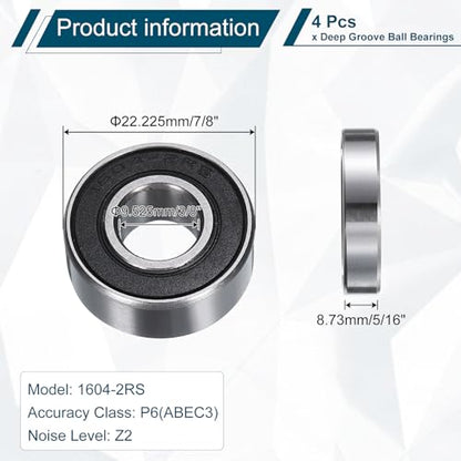 uxcell 4pcs 1604-2RS Deep Groove Ball Bearing, 3/8" x 7/8" x 5/16" ABEC 3 - size: 1604-2RS 3/8" x 7/8" x 5/16"