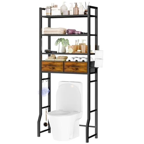 Simple Trending 4 Tier Over The Toilet Storage with Drawers, Heavy Duty Bathroom Stand Organizer Metal Shelves for Laundry, Black - color: 4-tier Black With Drawers