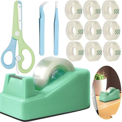 XEUZK Desktop Tape Dispenser Kits with Weighted Nonskid Base Tape Dispenser- Includes 9 Rolls of Transparent Tape(0.71 Inch x 500 inches Each) & Blue Scissors, 2 Pcs Tweezers (Green) - color: Green