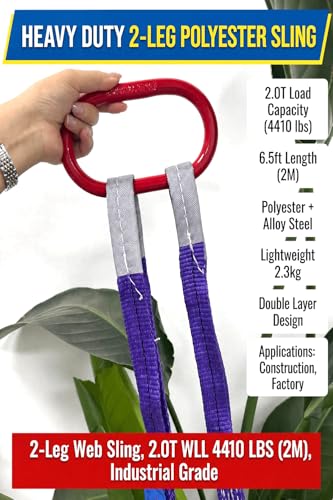 Two Leg Bridle Web Sling 6.5ft 4410lb Web Slings Belt Type with Hook 2.0 m 2000 kg Lightweight and Flexible Capacity Steel Sling [2leg 2.0 t] - size: 6.5ft 2leg 4410lb