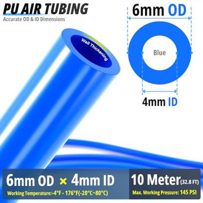 TAILONZ Blue 6mm OD 4mm ID PU Air Hose Pipe Tube Kit 10 Meter 32.8ft - color: Blue, size: 6mm OD/32.8ft/10m