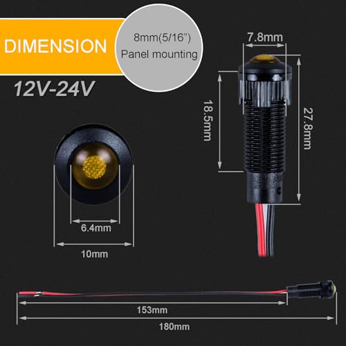 5pcs 8mm LED Indicator Light Plastic Black Signal Dot Lamp 12V-24V 5/16" Mounting Hole Size with 15cm/5.9in. Wire (Yellow LED) - color: Yellow, size: 8mm 12-24V
