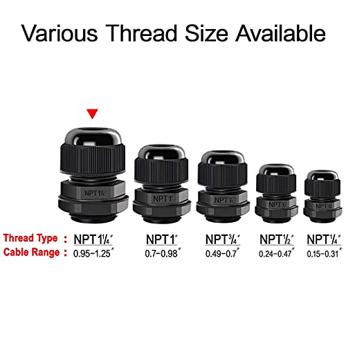 LeMotech 5 Pack NPT 1-1/4" Cable Glands Waterproof Adjustable 24-32mm Cable Connectors Black Nylon Joints with Gaskets - color: Black, size: 1-1/4inch 5-pack