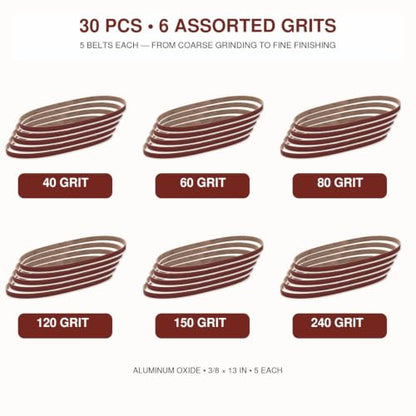 3/8 x 13 Inch Mixed Grit Sanding Belt 30 Pcs, 5 Each of 40/60/80/120/150/240 Grits, Aluminum Oxide Sanding Belt for Knife Making, Metalworking, and Woodworking, High-Performance Sharpening Belts - size: 3/8 x 13 Inch Mixed Grit