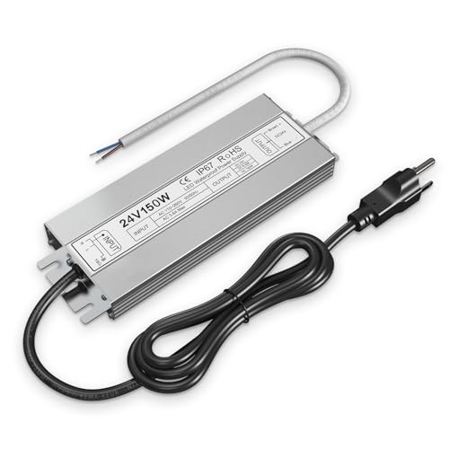LED Driver 150 Watts Waterproof IP67 Power Supply, Input 100-260V AC with 3-Prong Plug, 24V DC 6.25A, Low Voltage Transformer for Outdoor LED Lights - size: 24V150W