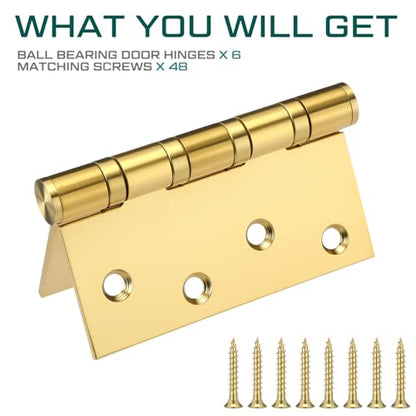 6 Pack Gold 4'' Ball Bearing Door Hinges, 4 x 4 Inch Exterior Door Hinge - color: Gold