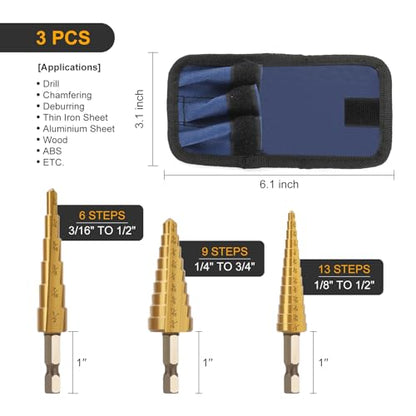 Step Drill Bit Set, 3PCS HSS Titanium Coated High Speed Steel Step Bits Covering 28 Sizes (1/8"-3/4") for Wood, Plastic, Sheet Metal with Portable Bag, Nice Gift for DIY Lovers - style: 3PCS Step Drill Bits Straight