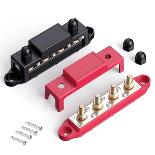 Bus Bar 4 x 5/16" Power Distribution Block 48V 250A 6 x #8 Screws Marine Bus Bar for Automotive RV, Solar Wiring and Boat(Black+Red) - size: 4 x 5/16"