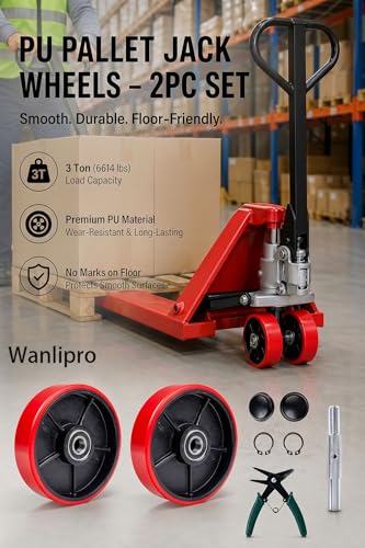 Pallet Jack Steering Wheels Replacement Set, 2 Pack 7" x 2" Steering Wheels with 20mm ID Bearings, Includes Axle, Fasteners, Protective Caps & Installation Tool for Hand Pallet Jack - size: 7" x 2"