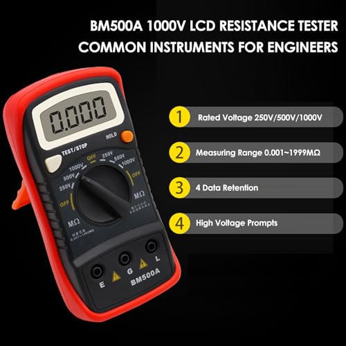 Digital Insulation Resistance Tester Megohmmeter, 1000V 1999MΩ High Precision Insulation Meter, LCD Display Tester, Electronic Maintenance Diagnostic Tool