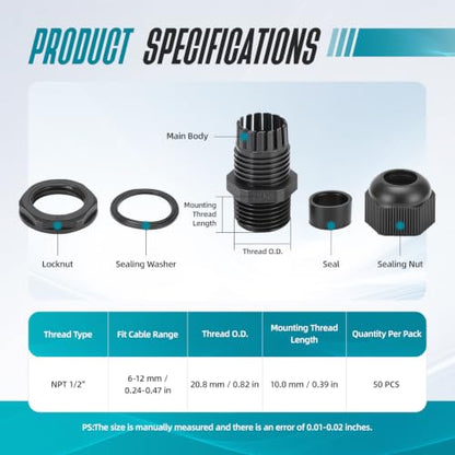 50 Pcs 1/2" NPT Cable Glands Waterproof Strain Relief Connector - color: 50 Pcs 1/2" NPT