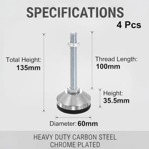 DTGN 4 Pcs M12 Carbon Steel Leveling Feet 2.36" Dia Base 5.31" Length - size: M12x2.36"Dia. x5.31" Length