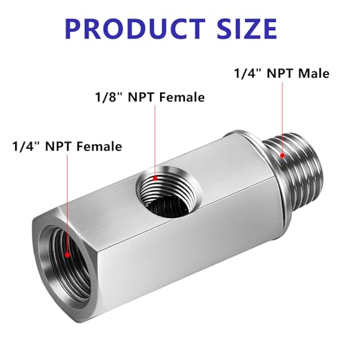 1/4" NPT Oil Pressure Sensor Tee Adapter, 304 Stainless Steel Triple Port Fitting: 1/4" NPT Female to Male & 1/8" NPT Female for Gauge and Sensor Installation - size: 1/4 NPT-1/4 NPT-1/8 NPT