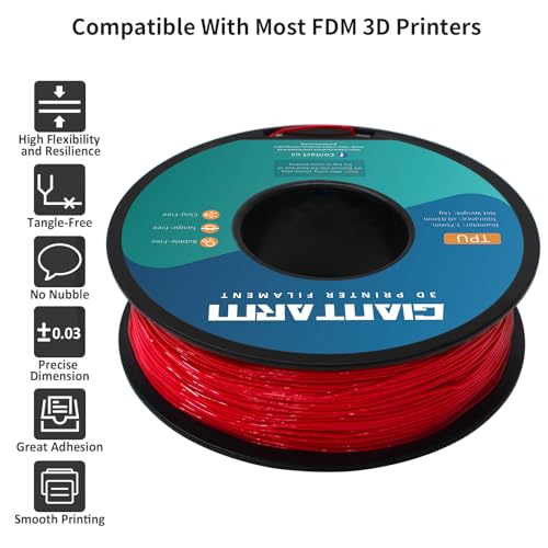 GIANTARM 95A TPU 3D Printer Filament 1.75mm, 1kg Spool, Red, +/- 0.03mm - color: Tpu-red