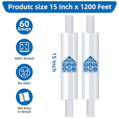 15 Inch Stretch Wrap Roll, Heavy Duty 15" x 1200ft Shrink Wrap Roll, Clear 60 Gauge Industrial Strength Stretch Film with Handle, Plastic Wrap for Pallet, Shipping, Moving, Furniture(2 Rolls) - size: 15in-Clear-2Pack