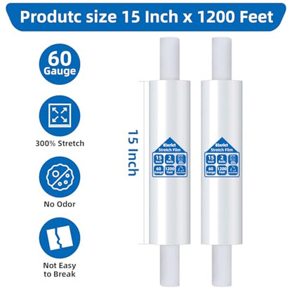 15 Inch Stretch Wrap Roll, Heavy Duty 15" x 1200ft Shrink Wrap Roll, Clear 60 Gauge Industrial Strength Stretch Film with Handle, Plastic Wrap for Pallet, Shipping, Moving, Furniture(2 Rolls) - size: 15in-Clear-2Pack