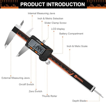 HARDELL Digital Caliper 6 Inch, Caliper Measuring Tool with Large LCD - size: 6 Inch