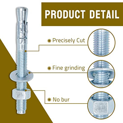 3/8 Concrete Anchors, Zinc-Plated Steel Wedge Anchors, 20 Pack - size: 3/8" x 5"