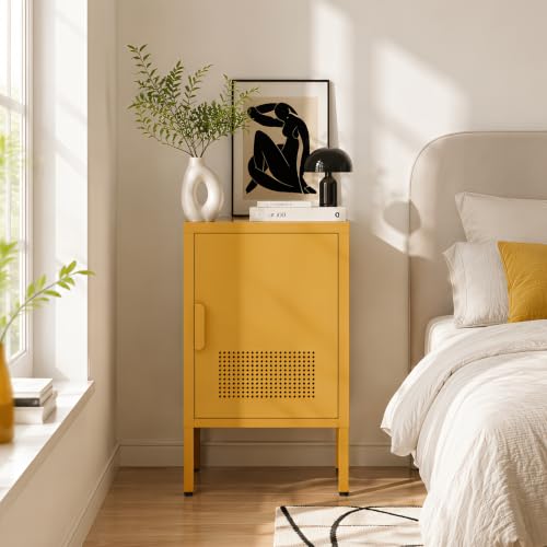 Single Door Metal Coffee Table Adjustable Easy to Assemble Living Room 2-Tier Side Table for Storing Mobile Phones and Books Children's Bedside Table Yellow 24" H X 13.8" W X 15" D - color: Mustard, style: End Table-24"H-BG