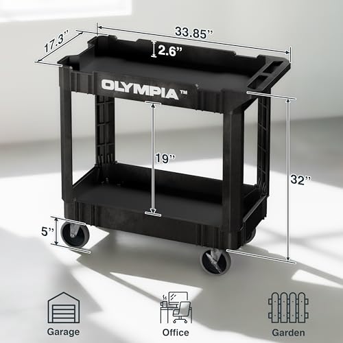 Olympia Tools HDPE Rolling Garage Utility Cart, 2 Shelves, 500 Lb, Black - size: 500 Lb